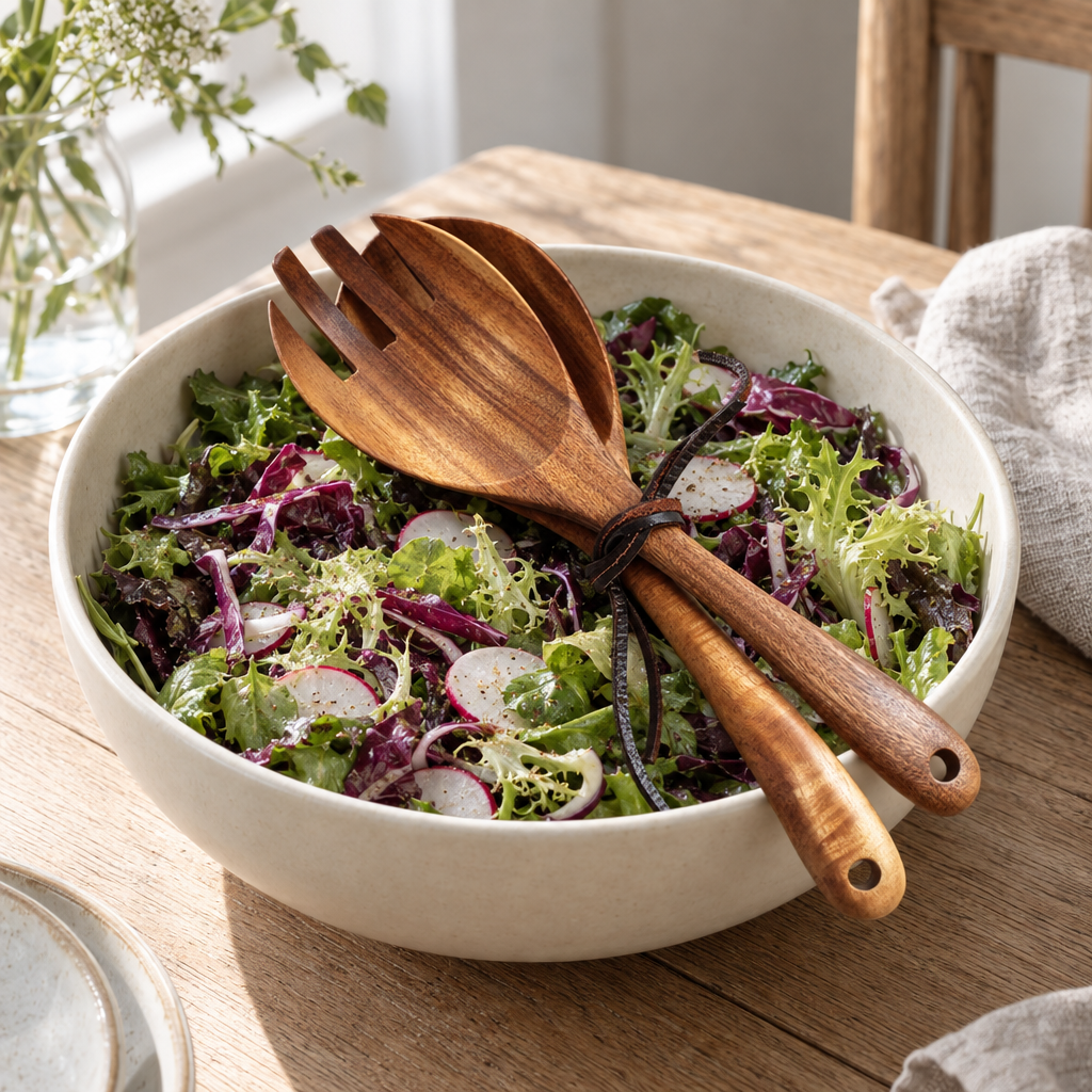 Acacia wood salad servers in a bowl of salad