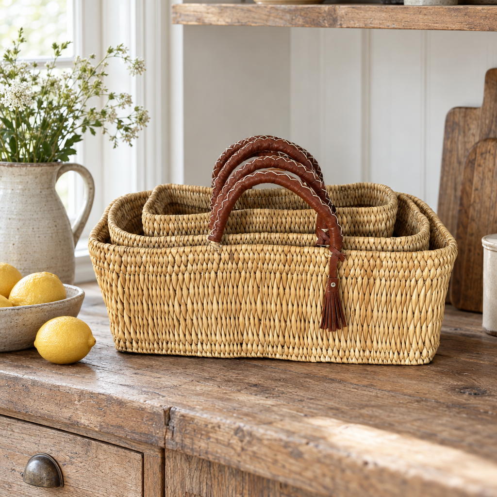 Three nesting woven reed baskets with leather handles on a kitchen sideboard