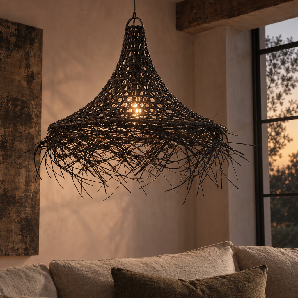 Yao XL black rattan fringed pendant lit above a living room sofa
